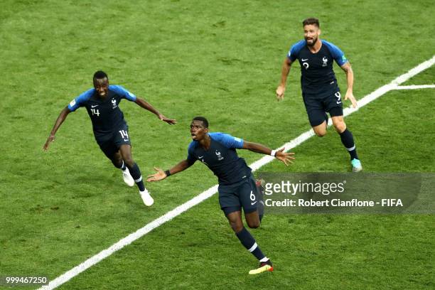Paul Pogba of France celebrates after scoring his side's third goal, with team mates Blaise Matuidi and Olivier Giroud during the 2018 FIFA World Cup...