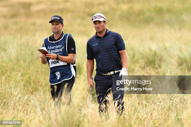 Ryan Fox of New Zealand looks on, out of the rough on hole six during day four of the Aberdeen Standard Investments Scottish Open at Gullane Golf...