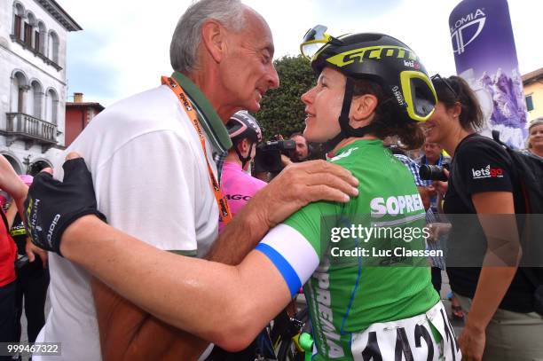 Arrival / Amanda Spratt of Australia and Team Mitchelton-Scott / Green points jersey / Giuseppe Rivolta of Italy Race Director / Celebration / during...