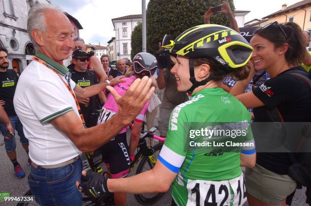 Arrival / Amanda Spratt of Australia and Team Mitchelton-Scott / Green points jersey / Giuseppe Rivolta of Italy Race Director / Celebration / during...