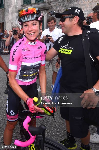 Arrival / Annemiek van Vleuten of The Netherlands and Team Mitchelton-Scott / Pink leaders jersey / Bruce Caretti of Australia / Soigneur / during...