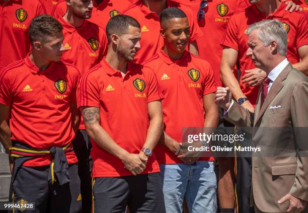 King Philip of Belgium welcomes the Red Devils, the Belgium international football team after returning from Russia at the Royal Castle on July 15,...