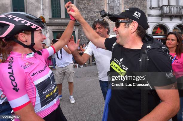 Arrival / Annemiek van Vleuten of The Netherlands and Team Mitchelton-Scott / Pink leaders jersey / Bruce Caretti of Australia / Soigneur /...