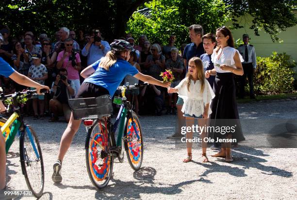 Princess Josephine receives flowers during the Tilting-At-The-Ring Riders Event at Graasten Castle at Graasten on July 15, 2018 in Graasten, Denmark....
