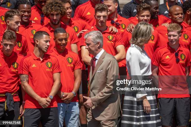 King Philip of Belgium and Queen Mathilde welcome the Red Devils, the Belgium international football team after returning from Russia at the Royal...