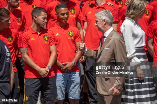 King Philip of Belgium and Queen Mathilde welcome the Red Devils, the Belgium international football team after returning from Russia at the Royal...