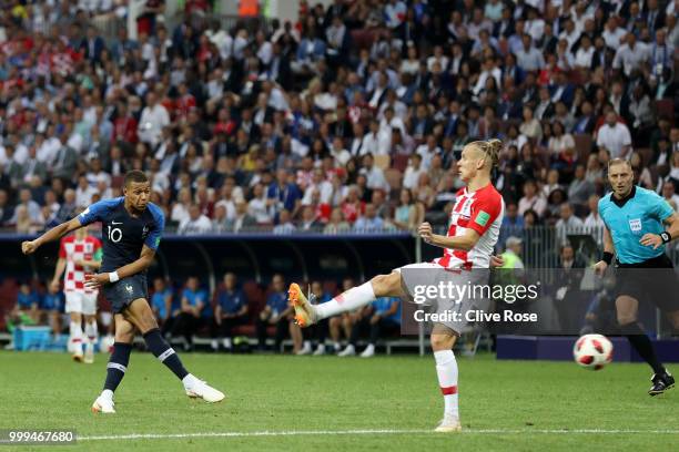 Kylian Mbappe of France scores his team's fourth goal during the 2018 FIFA World Cup Final between France and Croatia at Luzhniki Stadium on July 15,...