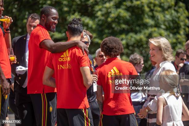 Queen Mathilde of Belgium welcomes the Red Devils, the Belgium international football team after returning from Russia at the Royal Castle on July...