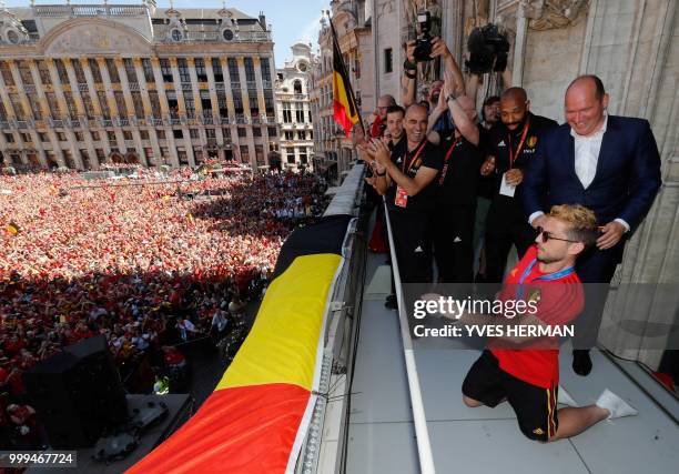 Belgium's Dries Mertens celebrates at the Grand Place/Grote Markt in Brussels city center, as Belgian national football team Red Devils arrive to...