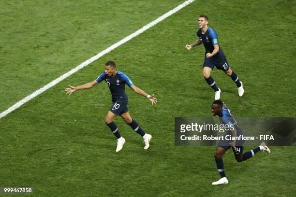 Kylian Mbappe of France celebrates after scoring his team's fourth goal during the 2018 FIFA World Cup Final between France and Croatia at Luzhniki...