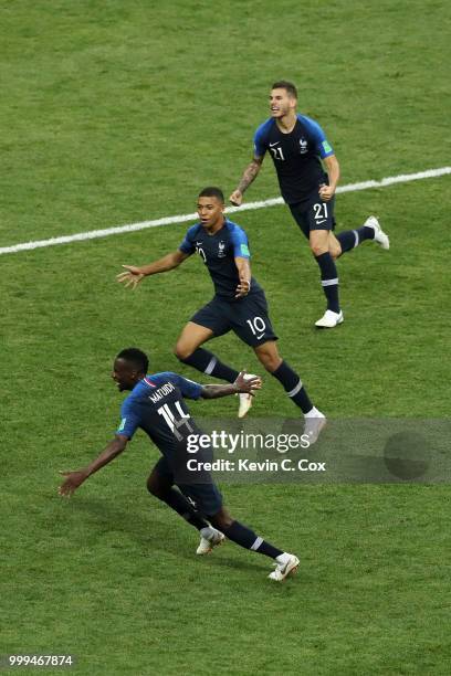 Kylian Mbappe of France celebrates after scoring his team's fourth goal during the 2018 FIFA World Cup Final between France and Croatia at Luzhniki...