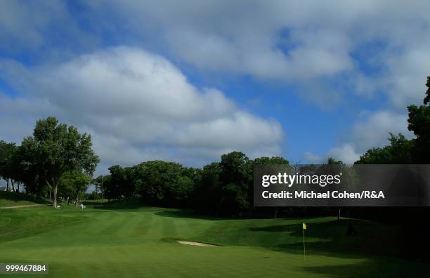 General view of the driveable par four14th hole during the fourth and final round of the John Deere Classic held at TPC Deere Run on July 15, 2018 in...