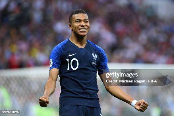 Kylian Mbappe of France celebrates after scoring his team's fourth goal during the 2018 FIFA World Cup Final between France and Croatia at Luzhniki...