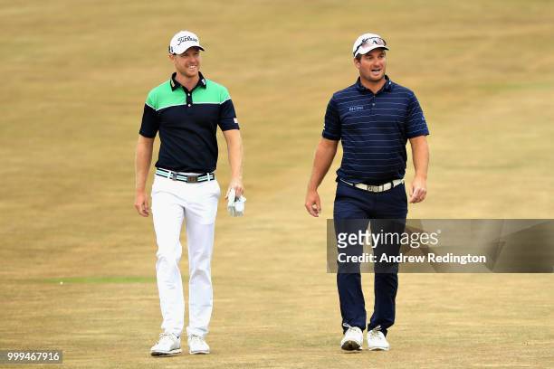 Jens Dantorp of Sweden and Ryan Fox of New Zealand look on, on hole four during day four of the Aberdeen Standard Investments Scottish Open at...