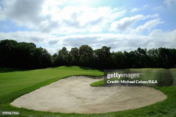 General view of the driveable par four14th hole during the fourth and final round of the John Deere Classic held at TPC Deere Run on July 15, 2018 in...