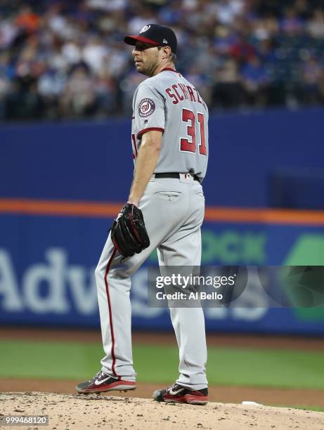 Max Scherzer of the Washington Nationals pitches against the New York Mets during their game at Citi Field on July 12, 2018 in New York City.