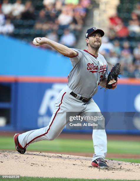 Max Scherzer of the Washington Nationals pitches against the New York Mets during their game at Citi Field on July 12, 2018 in New York City.