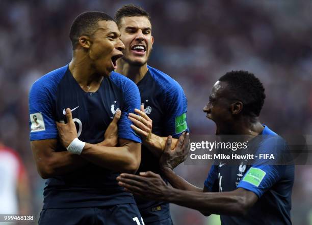 Kylian Mbappe of France celebrates after scoring his team's fourth goal during the 2018 FIFA World Cup Final between France and Croatia at Luzhniki...