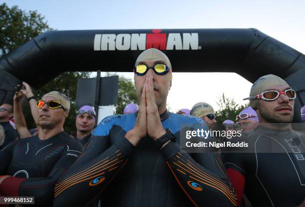 Athletes wait for the start of Ironman UK on July 15, 2018 in Bolton, England.