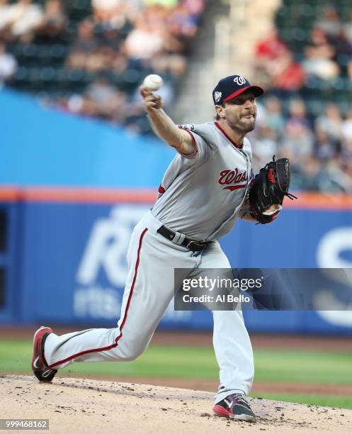 Max Scherzer of the Washington Nationals pitches against the New York Mets during their game at Citi Field on July 12, 2018 in New York City.