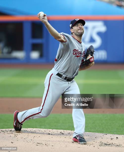 Max Scherzer of the Washington Nationals pitches against the New York Mets during their game at Citi Field on July 12, 2018 in New York City.