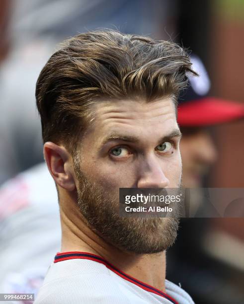 Bryce Harper of the Washington Nationals looks on against the New York Mets during their game at Citi Field on July 12, 2018 in New York City.