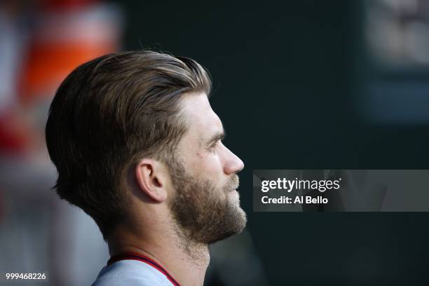 Bryce Harper of the Washington Nationals looks on against the New York Mets during their game at Citi Field on July 12, 2018 in New York City.