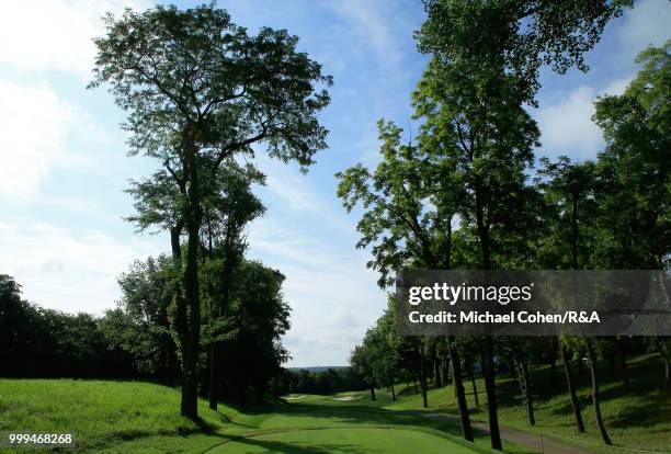 General view of the driveable par four14th hole during the fourth and final round of the John Deere Classic held at TPC Deere Run on July 15, 2018 in...