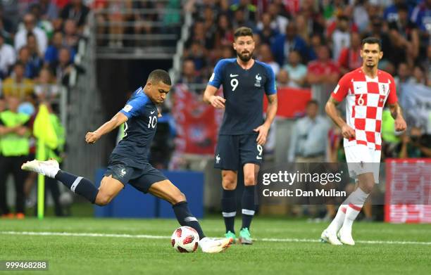 Kylian Mbappe of France scores his team's fourth goal during the 2018 FIFA World Cup Final between France and Croatia at Luzhniki Stadium on July 15,...