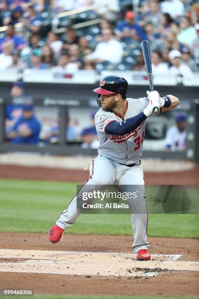 Bryce Harper of the Washington Nationals bats against the New York Mets during their game at Citi Field on July 12, 2018 in New York City.