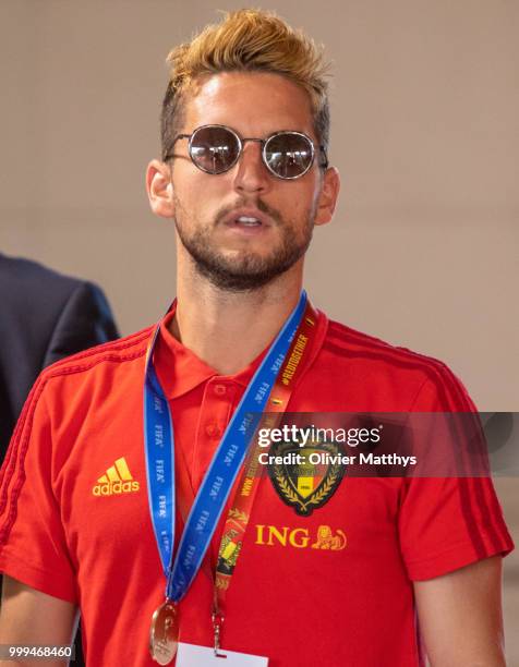 The Red Devils are welcomed by King Philip of Belgium and Queen Mathilde after returning from Russia at the Royal Castle on July 15, 2018 in Brussel,...