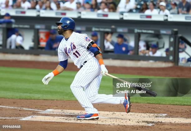 Jose Bautista of the New York Mets bats against the Washington Nationals during their game at Citi Field on July 12, 2018 in New York City.