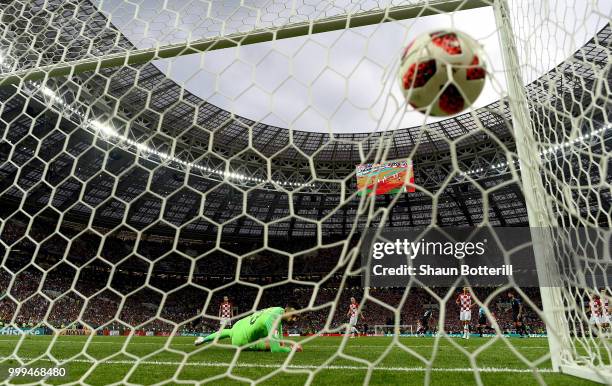 Kylian Mbappe of France scores his sides fourth goal past Danijel Subasic of Croatia during the 2018 FIFA World Cup Final between France and Croatia...