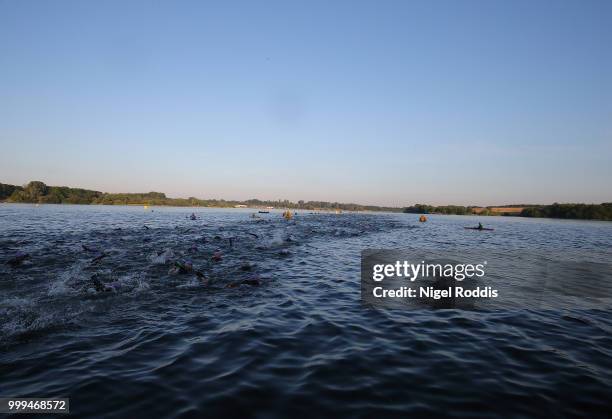 Athletes compete in the swim section of Ironman UK on July 15, 2018 in Bolton, England.