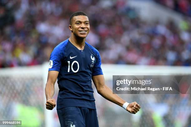 Kylian Mbappe of France celebrates after scoring his team's fourth goal during the 2018 FIFA World Cup Final between France and Croatia at Luzhniki...