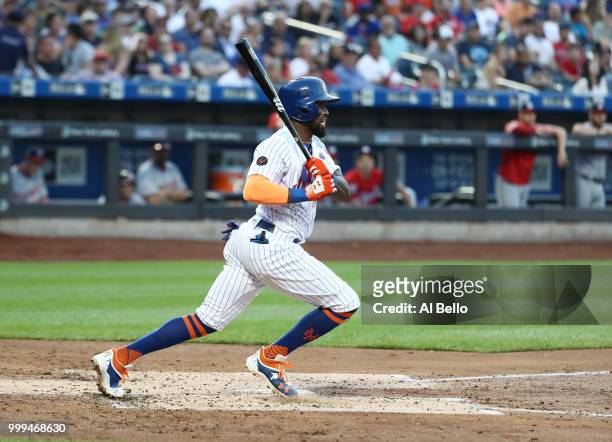 Jose Reyes of the New York Mets bats against the Washington Nationals during their game at Citi Field on July 12, 2018 in New York City.