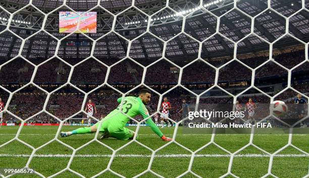 Kylian Mbappe of France scores his sides fourth goal past Danijel Subasic of Croatia during the 2018 FIFA World Cup Final between France and Croatia...
