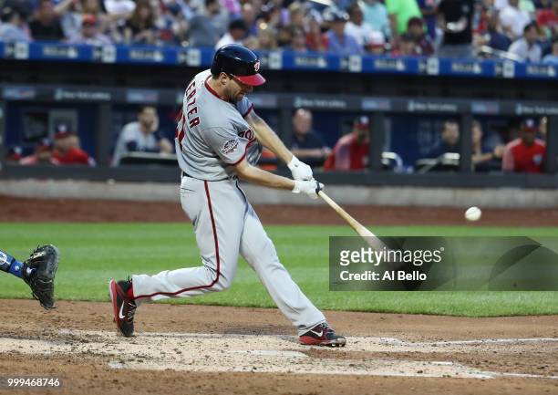 Max Scherzer of the Washington Nationals bats against the New York Mets during their game at Citi Field on July 12, 2018 in New York City.