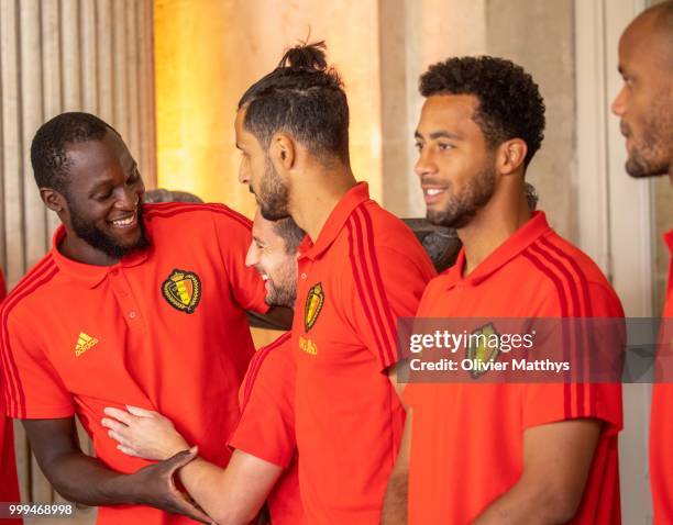 The Red Devils are welcomed by King Philip of Belgium and Queen Mathilde after returning from Russia at the Royal Castle on July 15, 2018 in Brussel,...