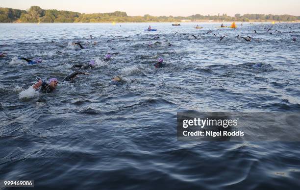 Athletes compete in the swim section of Ironman UK on July 15, 2018 in Bolton, England.