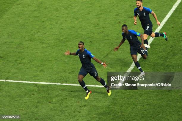 Paul Pogba of France celebrates after scoring the third goal of his team during the 2018 FIFA World Cup Russia Final between France and Croatia at...