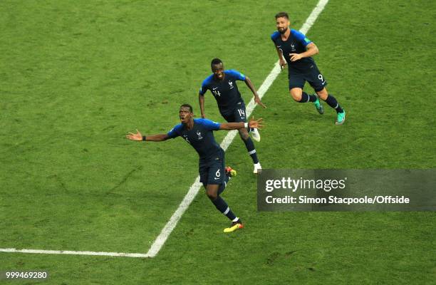 Paul Pogba celebrates the third goal for France with Blaise Matuidi of France and Olivier Giroud of France during the 2018 FIFA World Cup Russia...