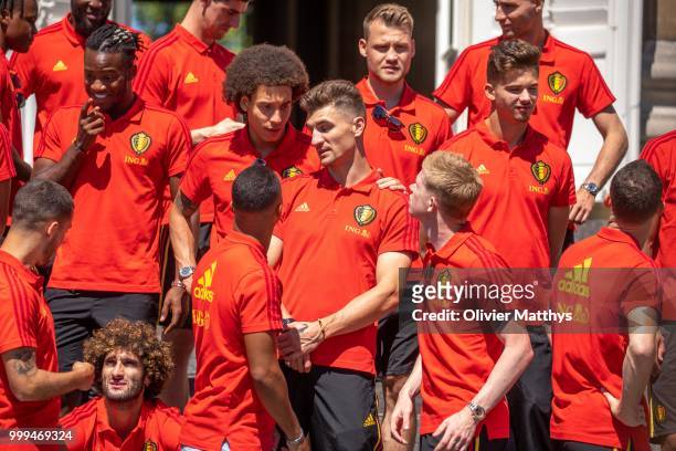 The Red Devils are welcomed by King Philip of Belgium and Queen Mathilde after returning from Russia at the Royal Castle on July 15, 2018 in Brussel,...