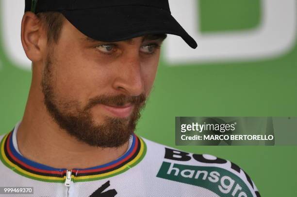 Best sprinter Slovakia's Peter Sagan looks on from on the podium after the ninth stage of the 105th edition of the Tour de France cycling race...