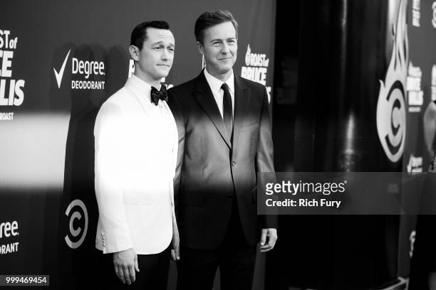 Joseph Gordon-Levitt and Edward Norton attend the Comedy Central Roast of Bruce Willis at Hollywood Palladium on July 14, 2018 in Los Angeles,...