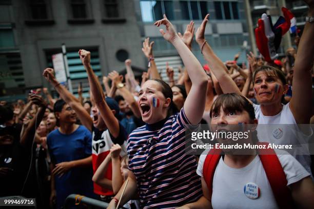 Fans celebrate France's fourth goal during a watch party for the World Cup final between France and Croatia on July 15, 2018 in New York City. France...