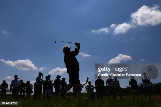 Laura Davies of England plays a tee shot on the seventh hole during the final round of the U.S. Senior Women's Open at Chicago Golf Club on July 15,...