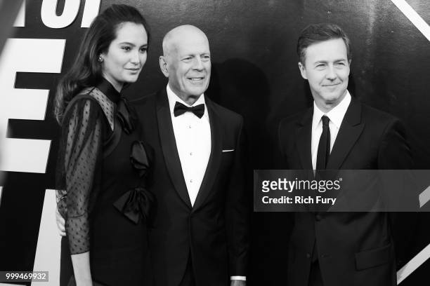 Emma Heming, Bruce Willis and Edward Norton attend the Comedy Central Roast of Bruce Willis at Hollywood Palladium on July 14, 2018 in Los Angeles,...