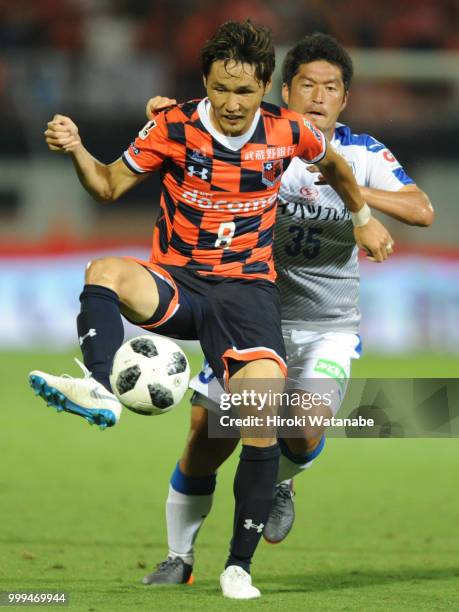 Akimi Barada of Omiya Ardija in action during the J.League J2 match between Omiya Ardija and Oita Trinita at Nack 5 Stadium Omiya on July 15, 2018 in...