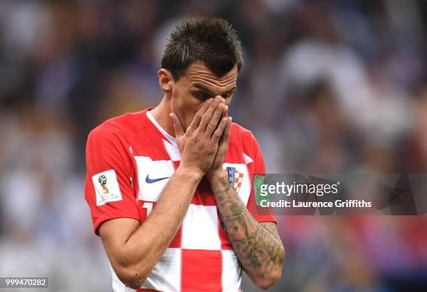 Mario Mandzukic of Croatia reacts during the 2018 FIFA World Cup Final between France and Croatia at Luzhniki Stadium on July 15, 2018 in Moscow,...